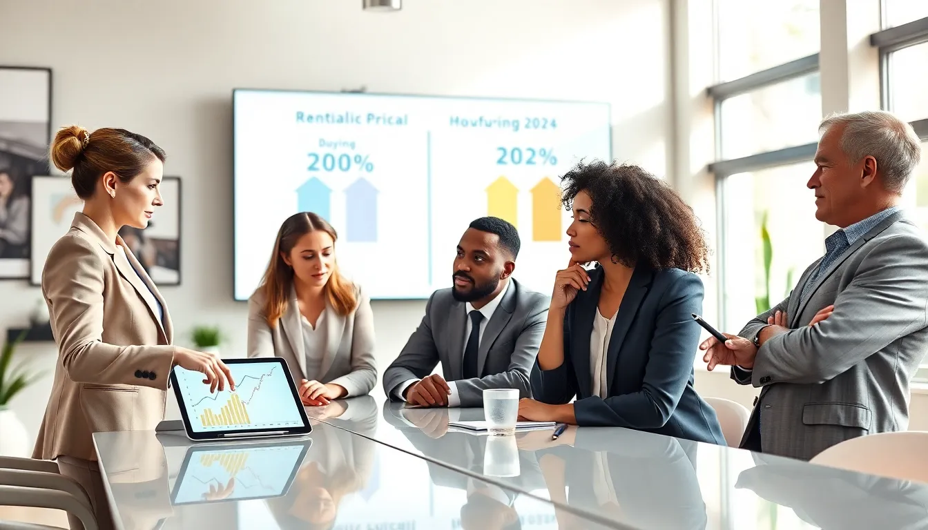Diversely dressed professionals discussing real estate trends in a modern office.